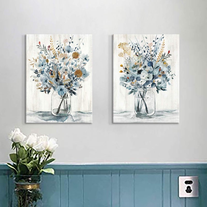 Hardy Gallery Floral Canvas Wall Art Prints: Abstract Blossom Flower Bouquet in Glass Bottle Picture Print on Canvas Small Size for Dining Room (12'' x 16'' x 2 Panels) - Image 3